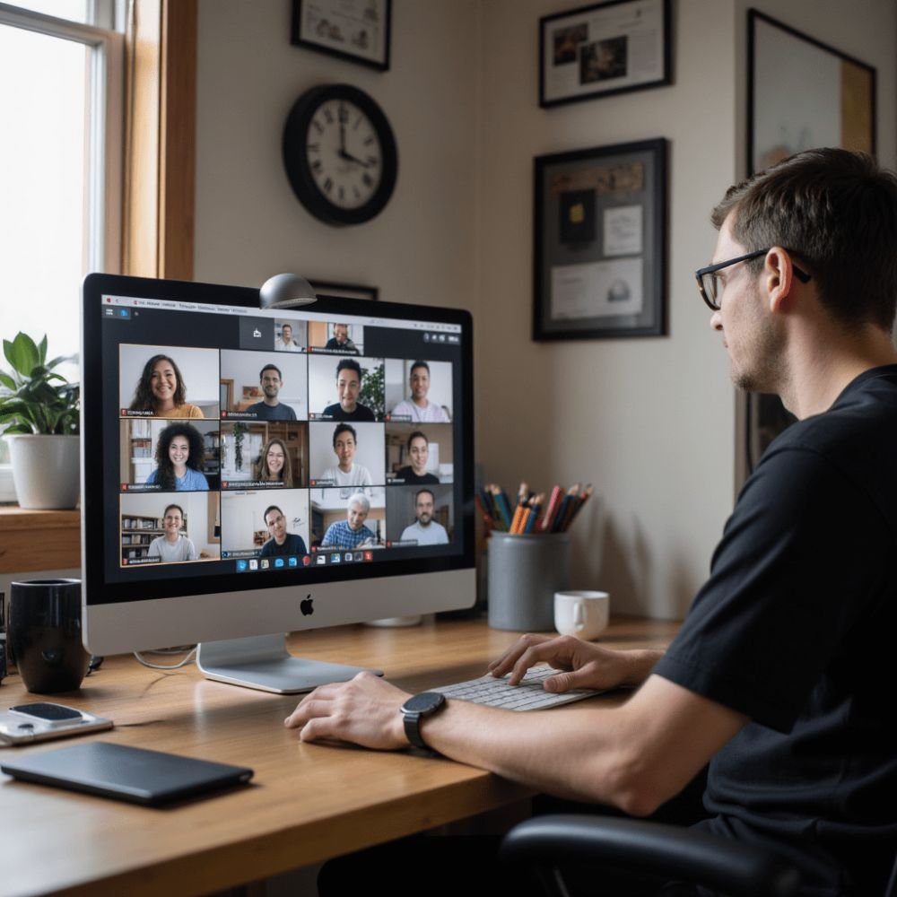 Participante a acompanhar uma formação online por videochamada a partir de casa